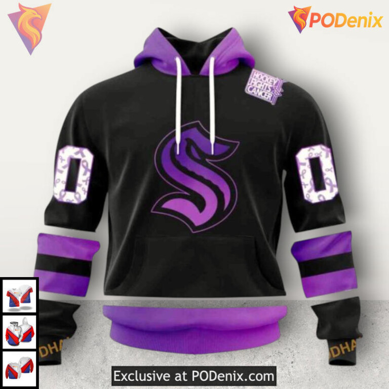 Black Hockey Fights Cancer Kit NHL Seattle Kraken Kids Hoodie 3D