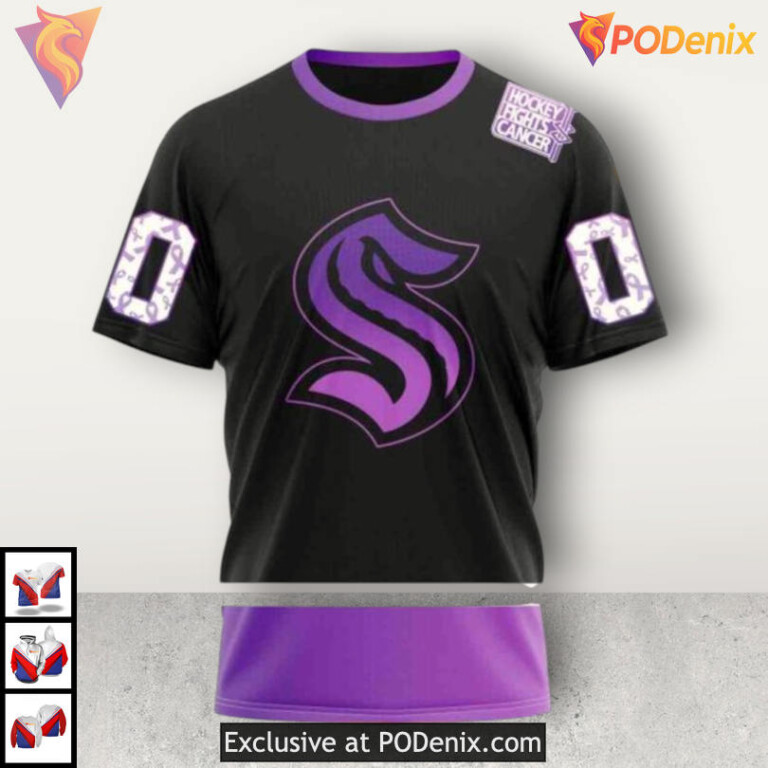 Black Hockey Fights Cancer Kit NHL Seattle Kraken Kids Hoodie 3D - 2