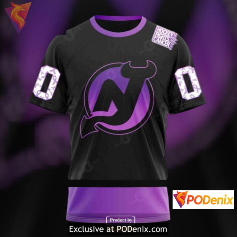 Black Hockey Fights Cancer Tribute New Jersey Devils Mens Hoodie Custom Apparel - 2