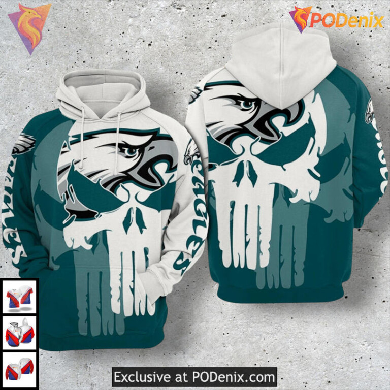 Blue Punisher Style Mens Philadelphia Eagles Hoodie Zip Up 3D