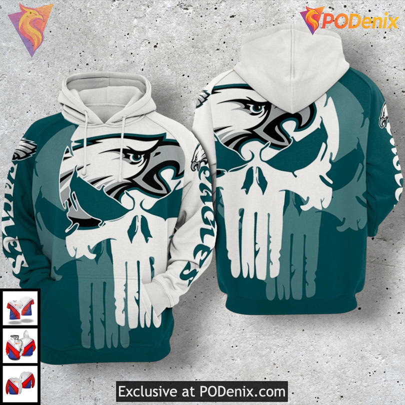 Blue Punisher Style Mens Philadelphia Eagles Hoodie Zip Up 3D Blue Punisher Style Mens Philadelphia Eagles Hoodie Zip Up 3D