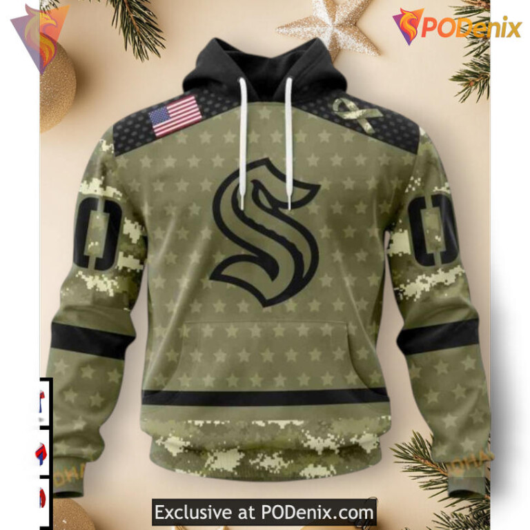 Camo Military Appreciation Graphic Style Seattle Kraken Personalized 3D Hoodie