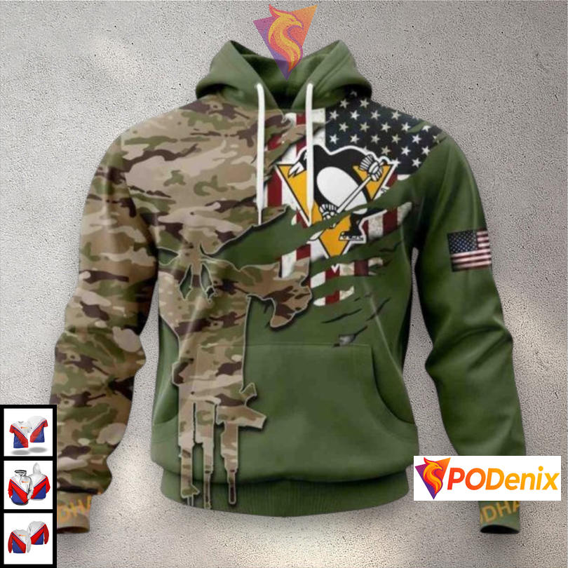 Camo Skull Artwork Name Number Concept Pittsburgh Penguins Winter Hoodie NHL 3D