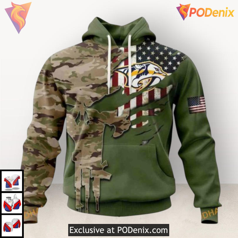 Camo Skull Artwork Name Number Nashville Predators Zip Up Hoodie Custom Design