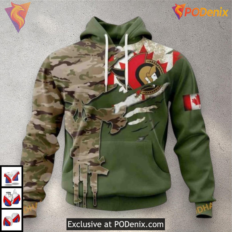 Camo Skull Artwork Name Number NHL Ottawa Senators Winter Hoodie 3D