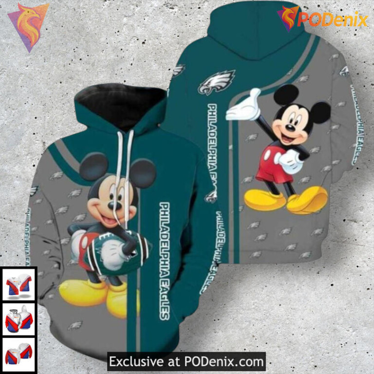 Cartoon Mickey Mouse Design Womens Philadelphia Eagles Hoodie Unisex 3D Gear