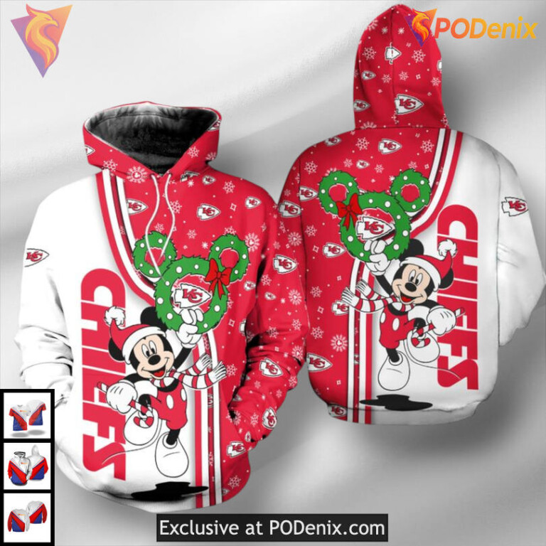 Christmas Mickey Graphic Kansas City Chiefs Hoodies, Holiday 3D Fleece Zip Up