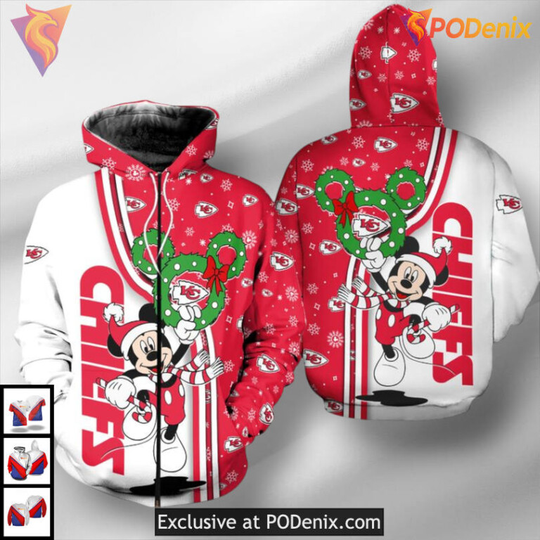 Christmas Mickey Graphic Kansas City Chiefs Hoodies, Holiday 3D Fleece Zip Up - 1