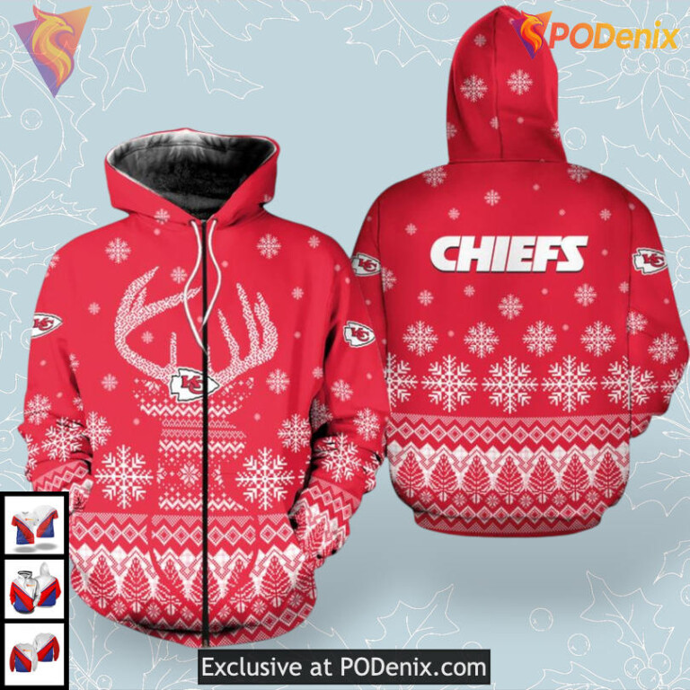 Christmas Reindeer Pattern Kc Chiefs Zip Up Hoodie Soft Fleece Zip Edition - 1