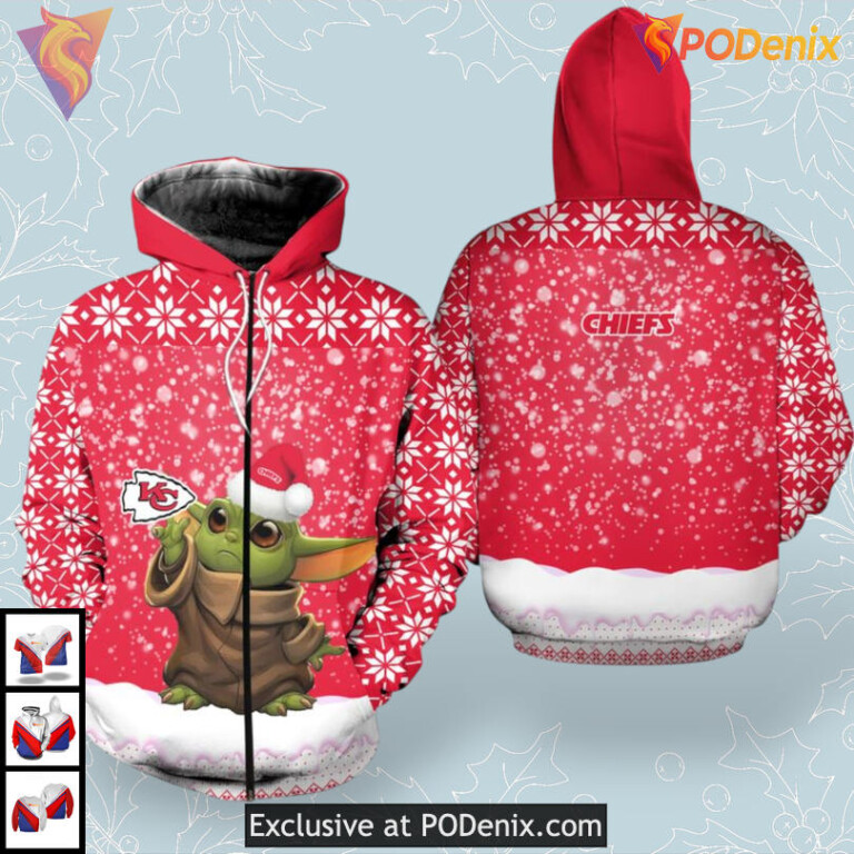 Christmas Yoda Pattern Kc Chiefs Hoodies Zip Up 3D Holiday Fan Apparel - 1