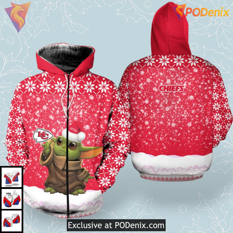 Christmas Yoda Pattern Kc Chiefs Hoodies Zip Up 3D Holiday Fan Apparel Christmas Yoda Pattern Kc Chiefs Hoodies Zip Up 3D Holiday Fan Apparel