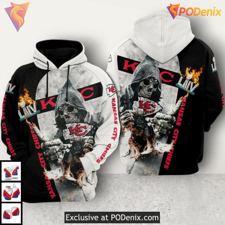 Custom Death God Flames Kansas City Chiefs Hoodie Mens Black White Fan Design