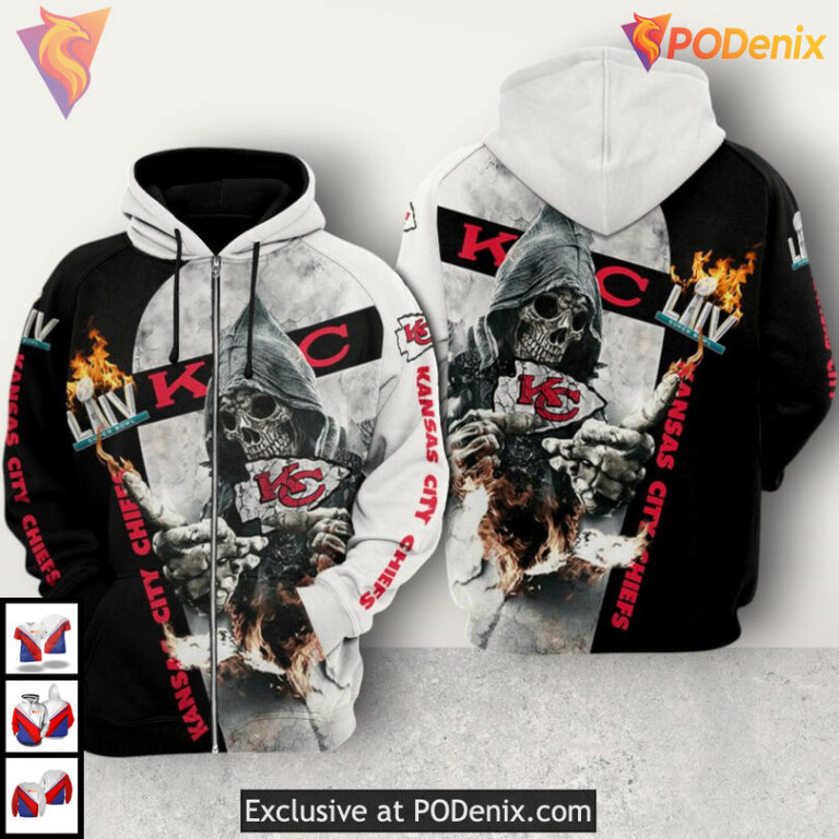 Custom Death God Flames Kansas City Chiefs Hoodie Mens Black White Fan Design - 1