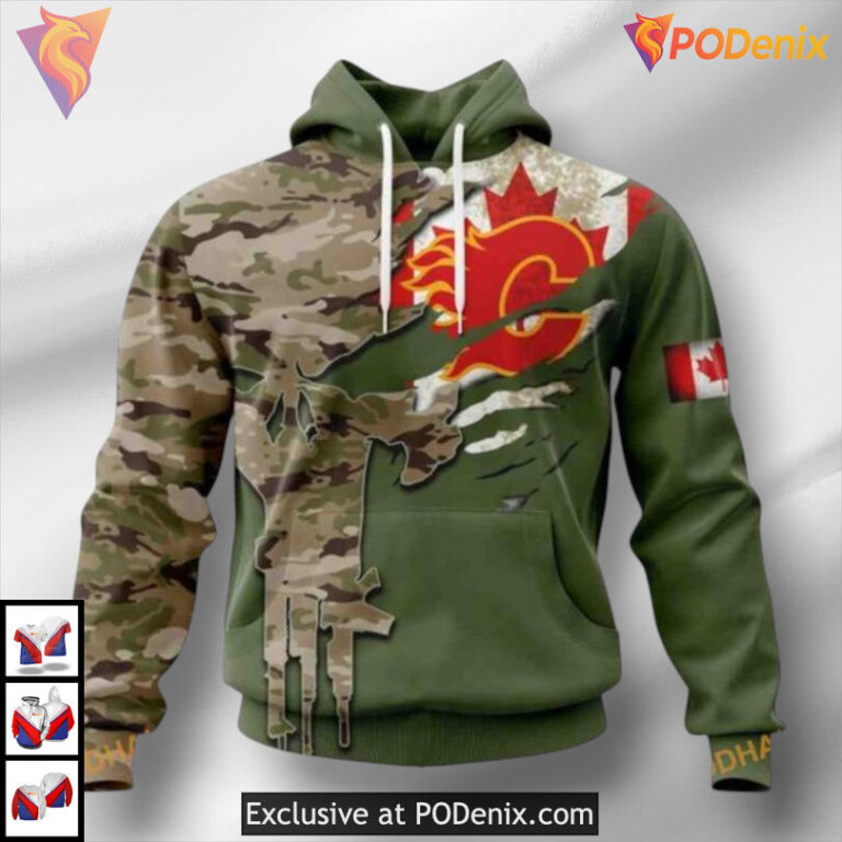 Custom Name and Number Camo Skull Design Calgary Flames 3D Hoodie NHL Edition