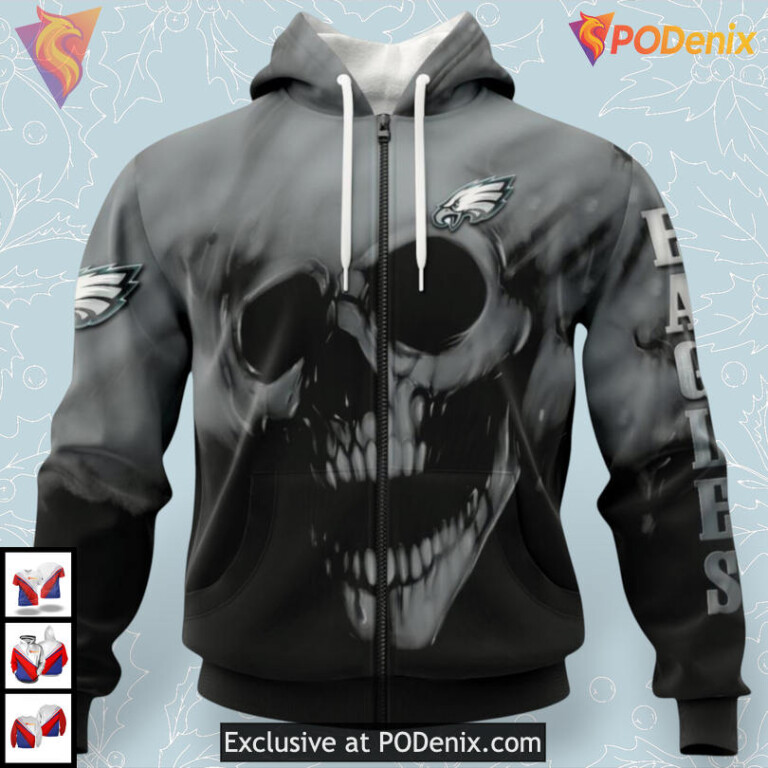 Custom Name Number Skull Design Philadelphia Eagles Hoodies For Men 3D Tribute - 1