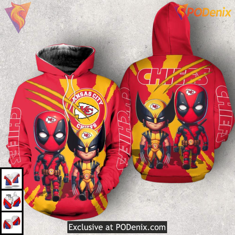 Deadpool Wolverine Kansas City Chiefs Hoodie 3D Vintage Fan Apparel Design Deadpool Wolverine Kansas City Chiefs Hoodie 3D Vintage Fan Apparel Design