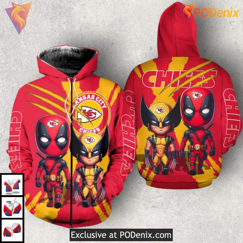 Deadpool Wolverine Kansas City Chiefs Hoodie 3D Vintage Fan Apparel Design Deadpool Wolverine Kansas City Chiefs Hoodie 3D Vintage Fan Apparel Design