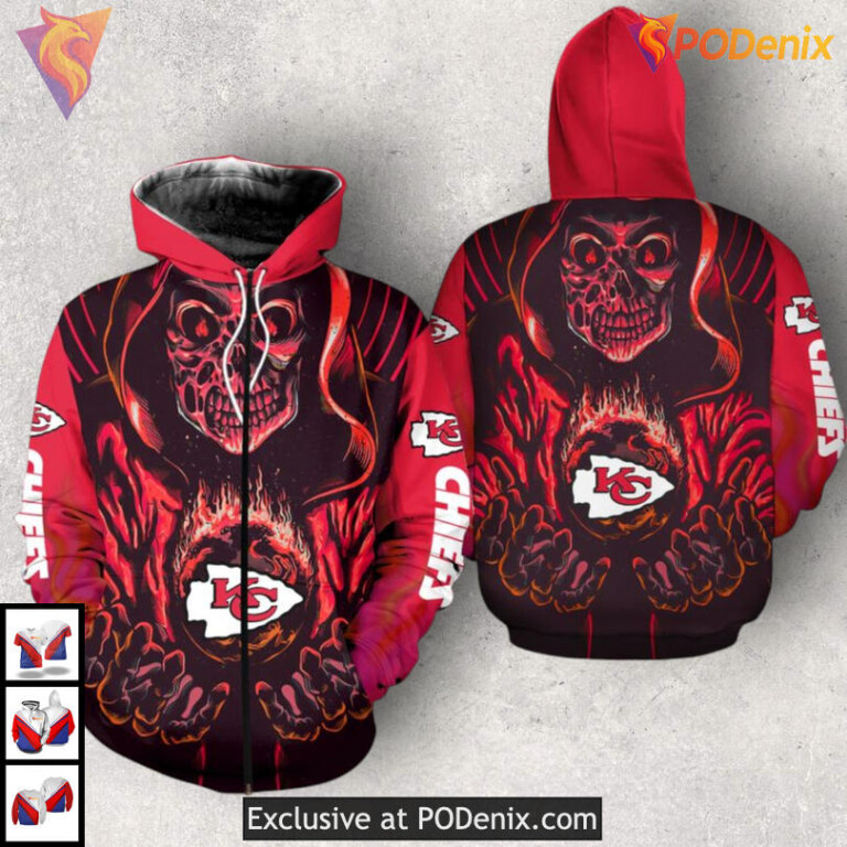Death Skull Graphic Kansas City Chiefs 3D Hoodie Sweatshirt Limited Fan Drop - 1
