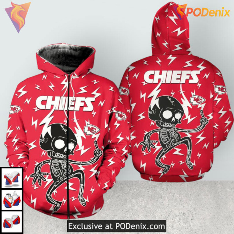 Electric Skeleton Graphic Kansas City Chiefs Youth Hoodie Zip Up 3D Sweatshirt - 1