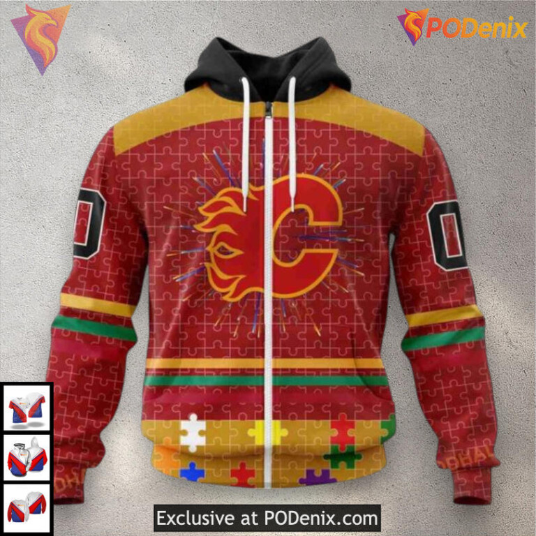 Fearless Against Autism Custom Name Calgary Flames Hoodie 3D Sweatshirt - 1