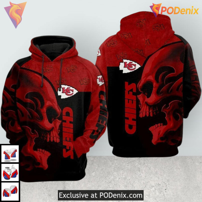 Fiery Skull Graphic Kansas City Chiefs Hoodie 3D Football Energy Fan Edition