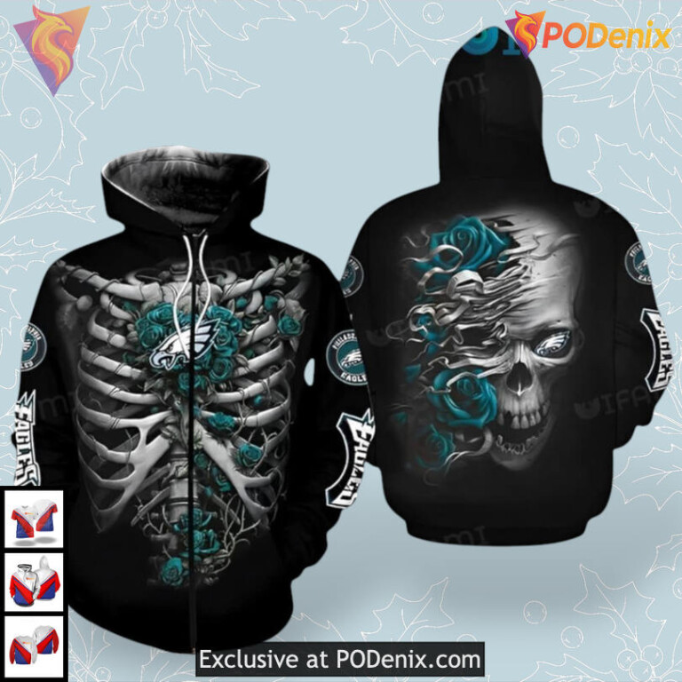 Floral Skeleton Artwork Philadelphia Eagles Team Hoodie Full Zip 3D