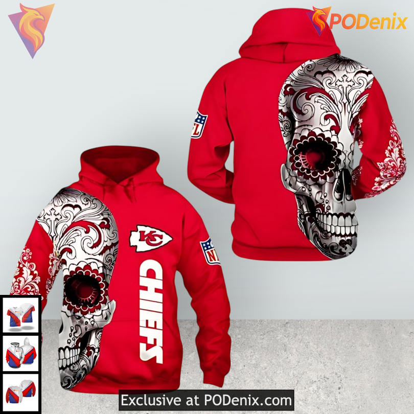 Floral Skull Bloom Kansas City Chief Hoodie 3D with Artistic Vintage Look Floral Skull Bloom Kansas City Chief Hoodie 3D with Artistic Vintage Look