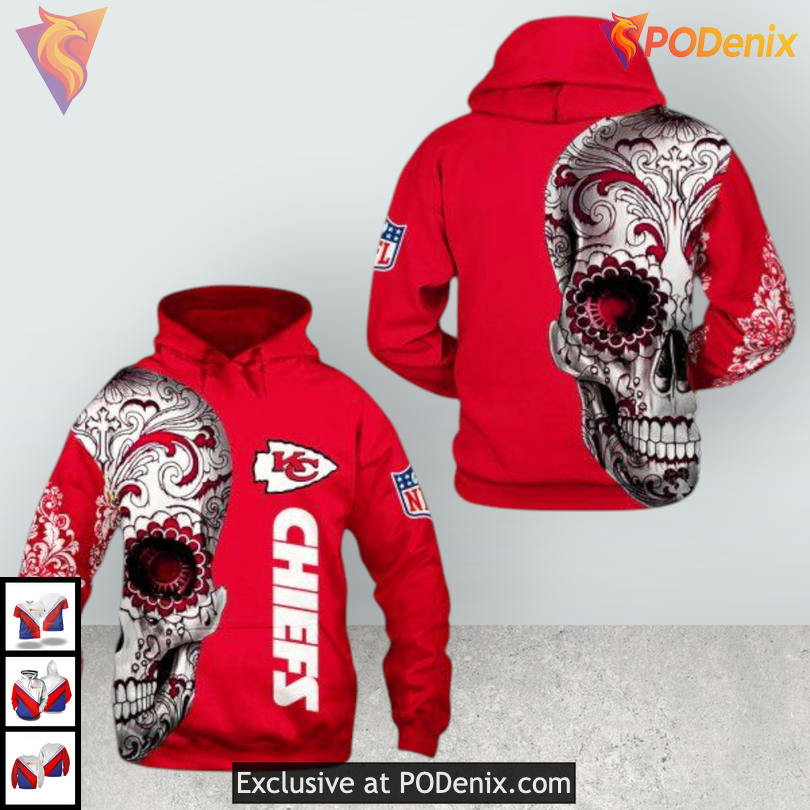 Floral Skull Bloom Kansas City Chief Hoodie 3D with Artistic Vintage Look Floral Skull Bloom Kansas City Chief Hoodie 3D with Artistic Vintage Look