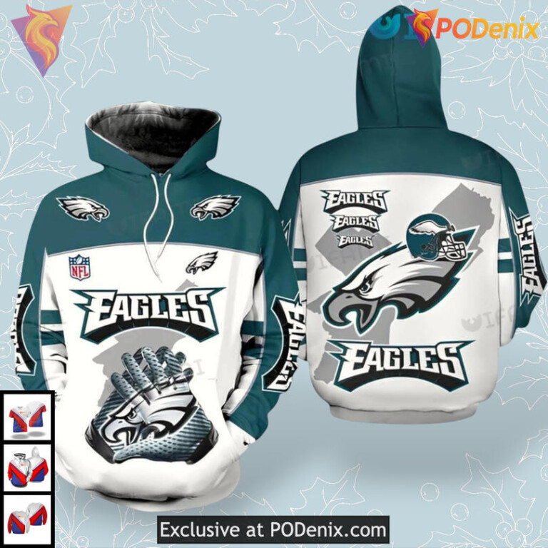 Football Helmet Gloves Graphic Philadelphia Eagles Hoodie Mens 3D Team Gear