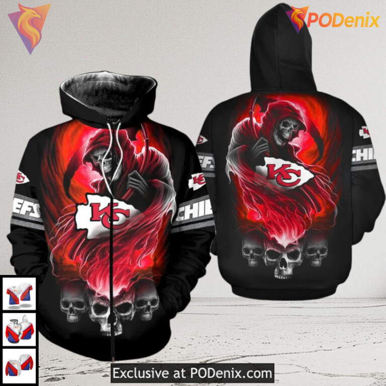 Grim Reaper Fire Skull Kansas City Chiefs Kids Hoodie Halloween 3D Shirt - 2
