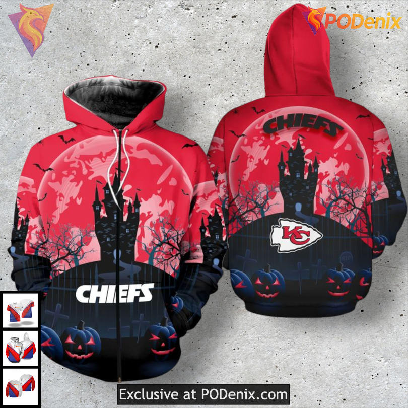 Halloween Edition Graphic Kansas City Chiefs Zip Up Hoodie Spooky 3D Style Halloween Edition Graphic Kansas City Chiefs Zip Up Hoodie Spooky 3D Style