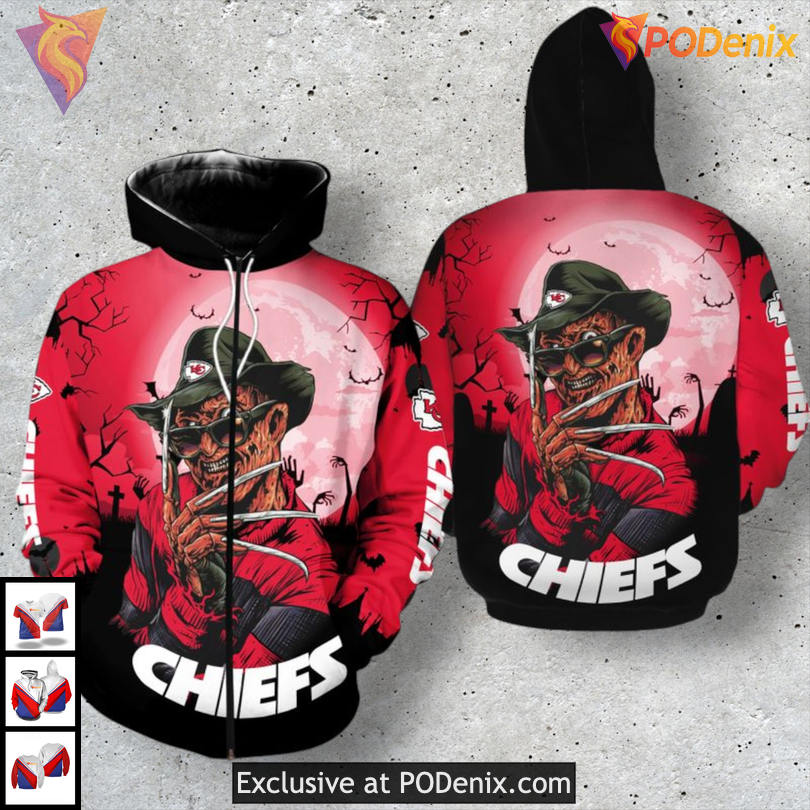 Halloween Elm Street Design Youth Kansas City Chiefs Hoodie 3D Zip Up Edition Halloween Elm Street Design Youth Kansas City Chiefs Hoodie 3D Zip Up Edition