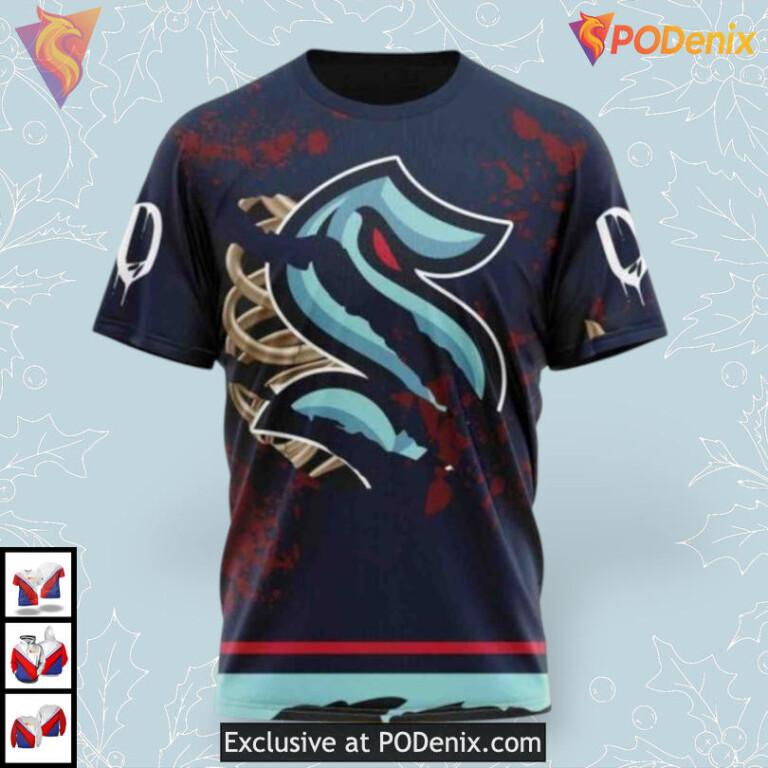 Halloween Ribs Costume Style NHL Retro Seattle Kraken Hoodie 3D - 2