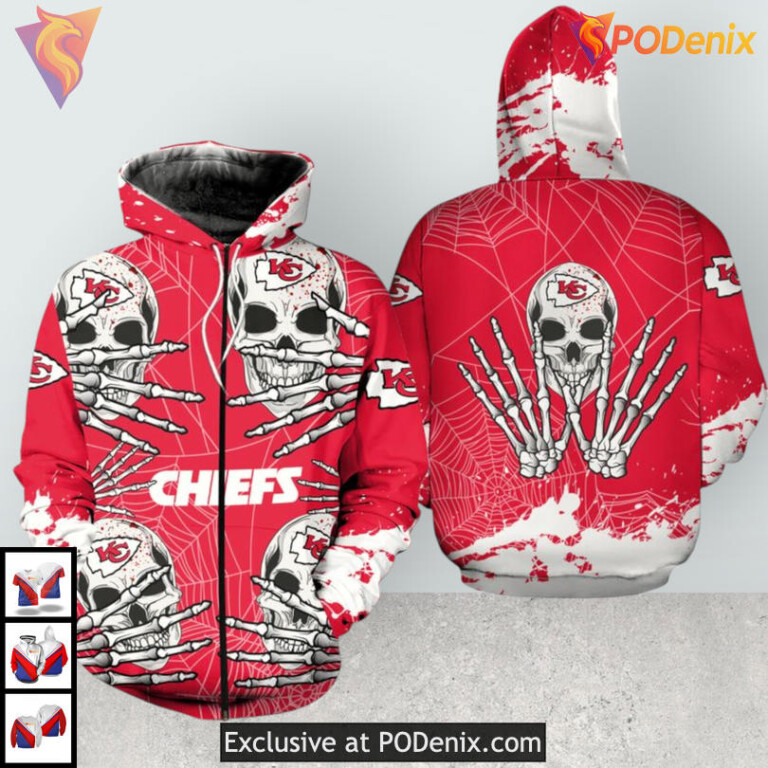 Halloween Skull Design Kansas City Chiefs Hoodies For Men, 3D Zip Up Apparel