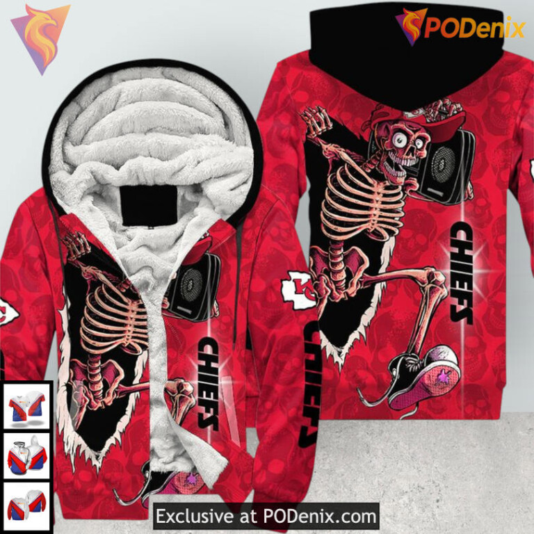 Halloween Skull Theme Kansas City Chiefs Youth Hoodie, Custom Zip Fleece Wear - 2