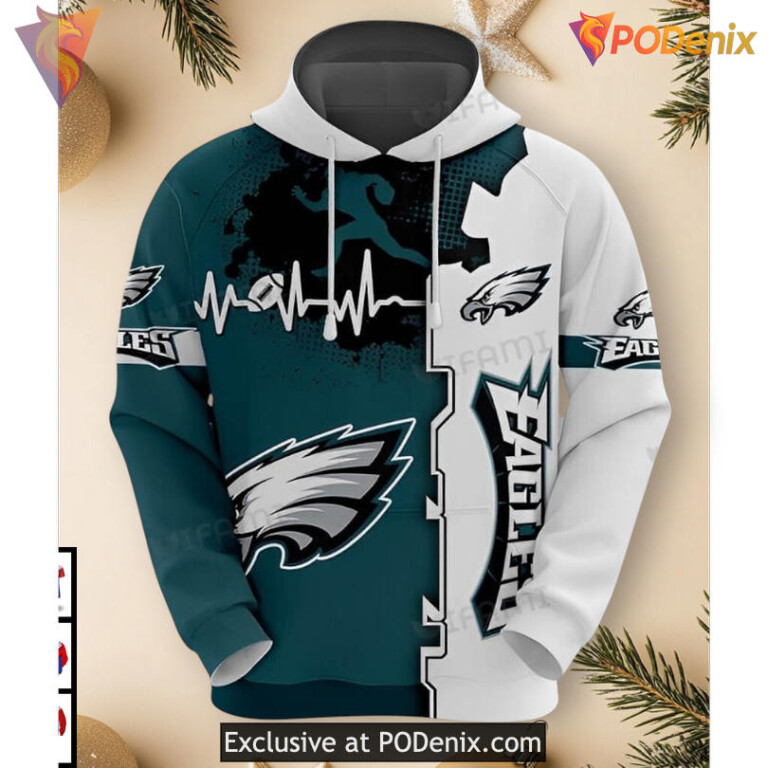 Heartbeat Football Graphic Custom Philadelphia Eagles Hoodies Green White 3D Apparel
