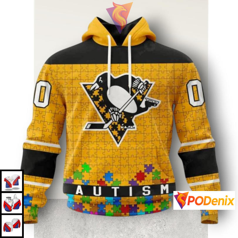 Hockey Fights Autism Yellow Theme NHL Pittsburgh Penguins 3D Hoodie Custom Kit Hockey Fights Autism Yellow Theme NHL Pittsburgh Penguins 3D Hoodie Custom Kit