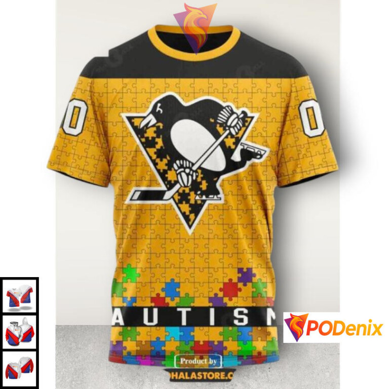 Hockey Fights Autism Yellow Theme NHL Pittsburgh Penguins 3D Hoodie Custom Kit - 2
