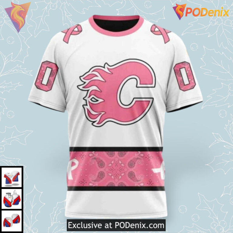 In October We Wear Pink Vintage Calgary Flames Hoodie 3D Awareness Gear - 2