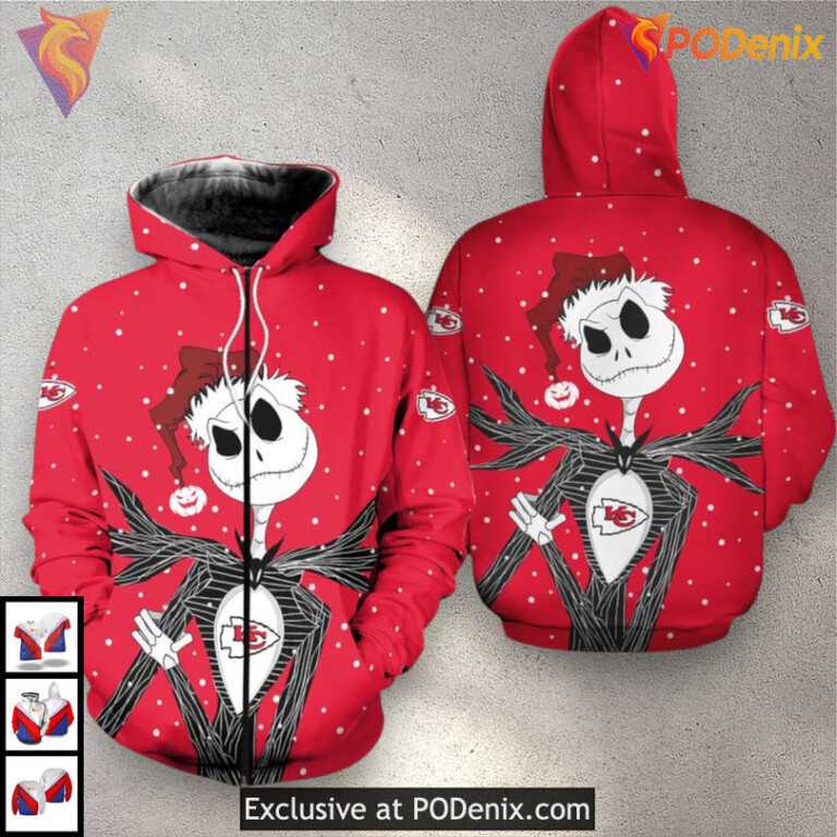Jack Skellington Christmas Kansas City Chief Hoodie Holiday Zip Up Fan Gear