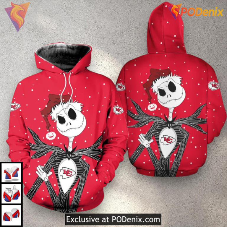 Jack Skellington Christmas Kansas City Chief Hoodie Holiday Zip Up Fan Gear - 1