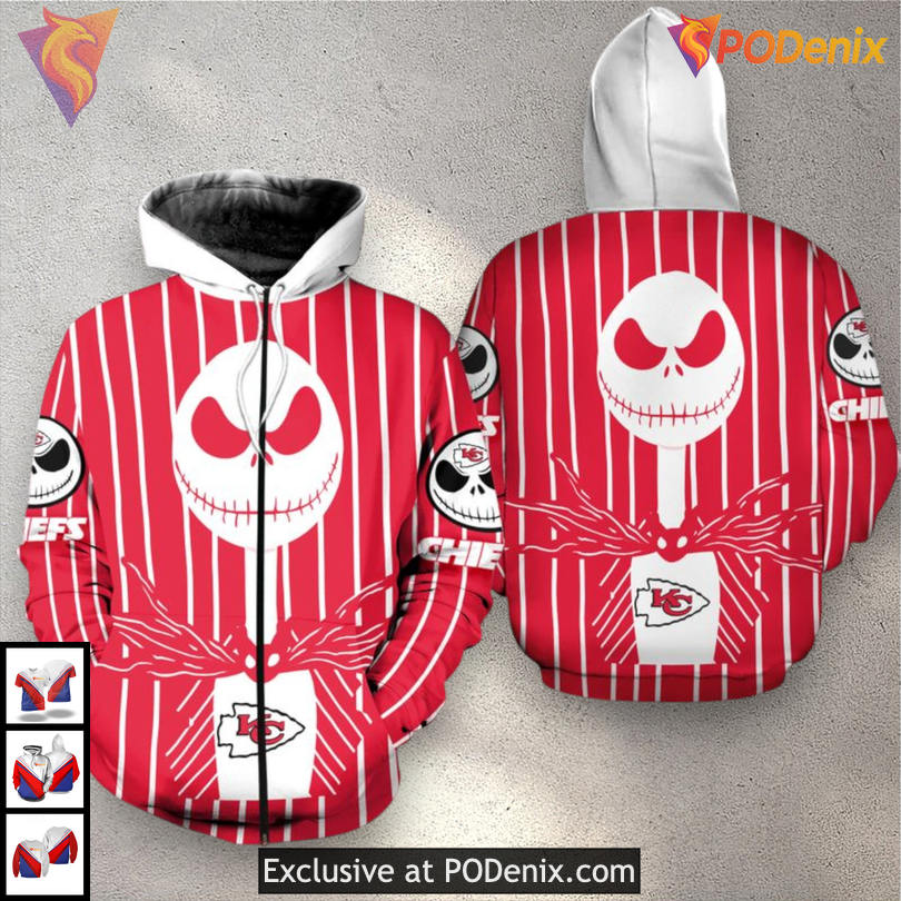 Jack Skellington Halloween Youth Kansas City Chiefs Hoodie Spooky Zip Up Jack Skellington Halloween Youth Kansas City Chiefs Hoodie Spooky Zip Up