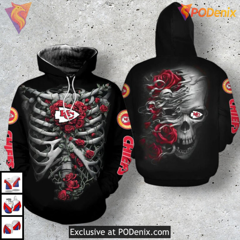 Kansas City Chiefs 3D Hoodie Skull Rose Dark Flame Limited Edition Design - 1