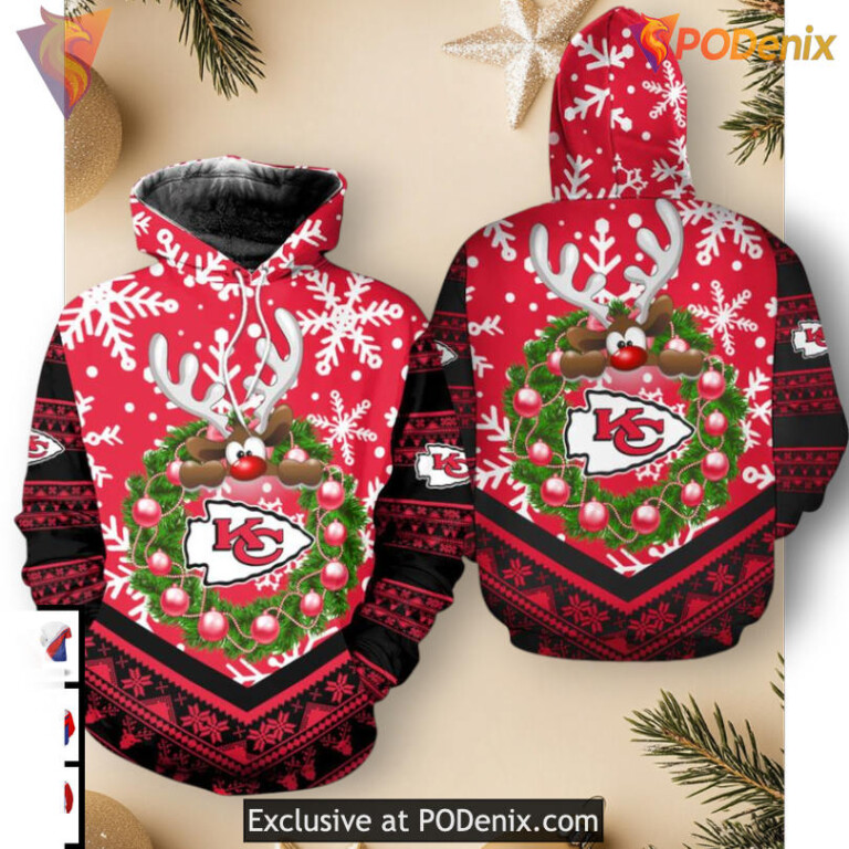 Kansas City Chiefs All Over Print Hoodie Reindeer Christmas Design, Mens 3D Zip Up
