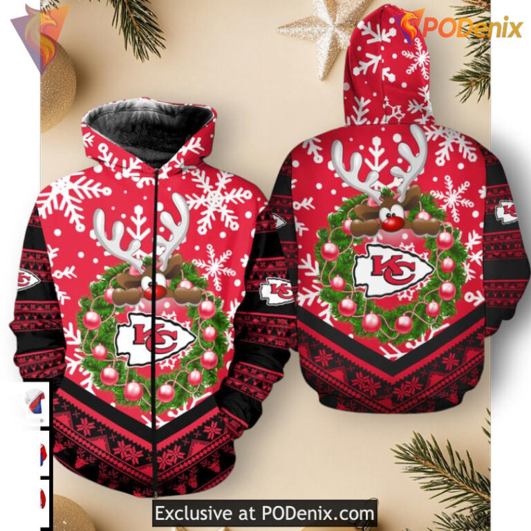 Kansas City Chiefs All Over Print Hoodie Reindeer Christmas Design, Mens 3D Zip Up - 1