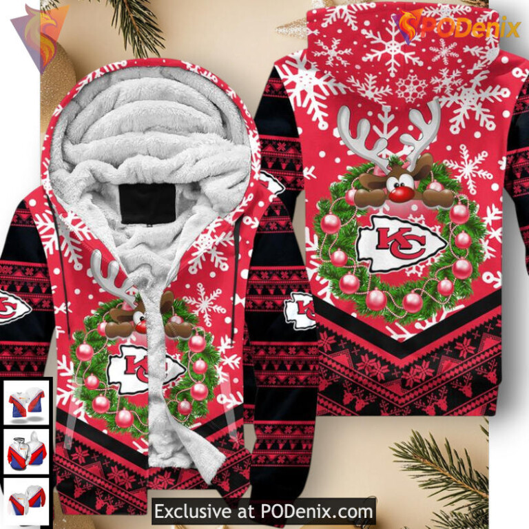 Kansas City Chiefs All Over Print Hoodie Reindeer Christmas Design, Mens 3D Zip Up - 2