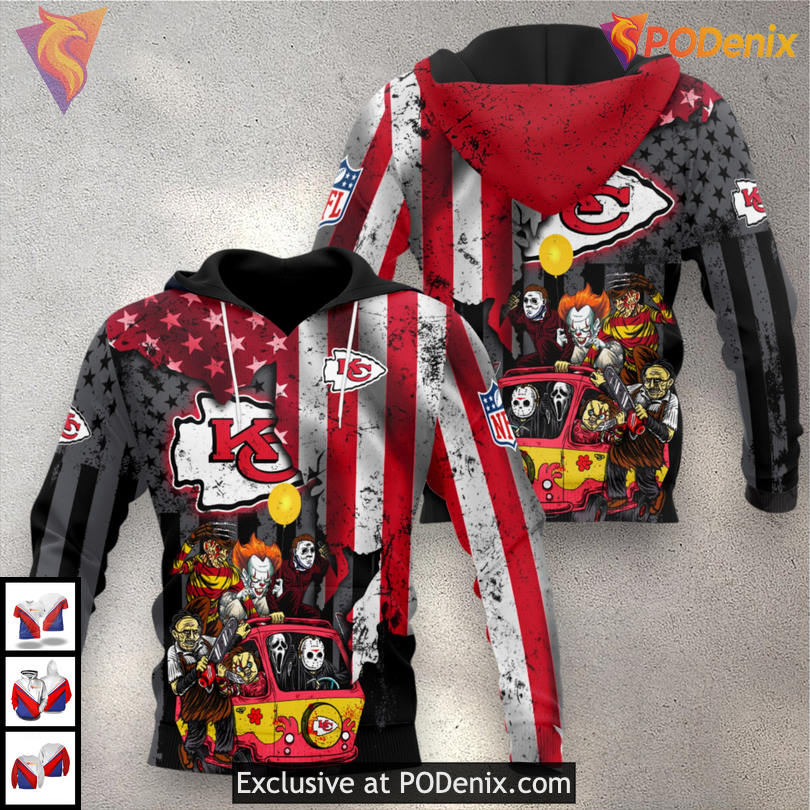 Kansas City Chiefs Full Zip Hoodie Horror Legends Tailgate 3D, Halloween Retro Style Kansas City Chiefs Full Zip Hoodie Horror Legends Tailgate 3D, Halloween Retro Style