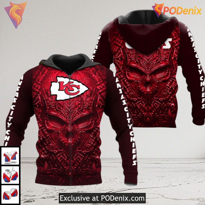 Kansas City Chiefs Hoodie 3D Gothic Red Skull Design for NFL Fearless Fans Kansas City Chiefs Hoodie 3D Gothic Red Skull Design for NFL Fearless Fans