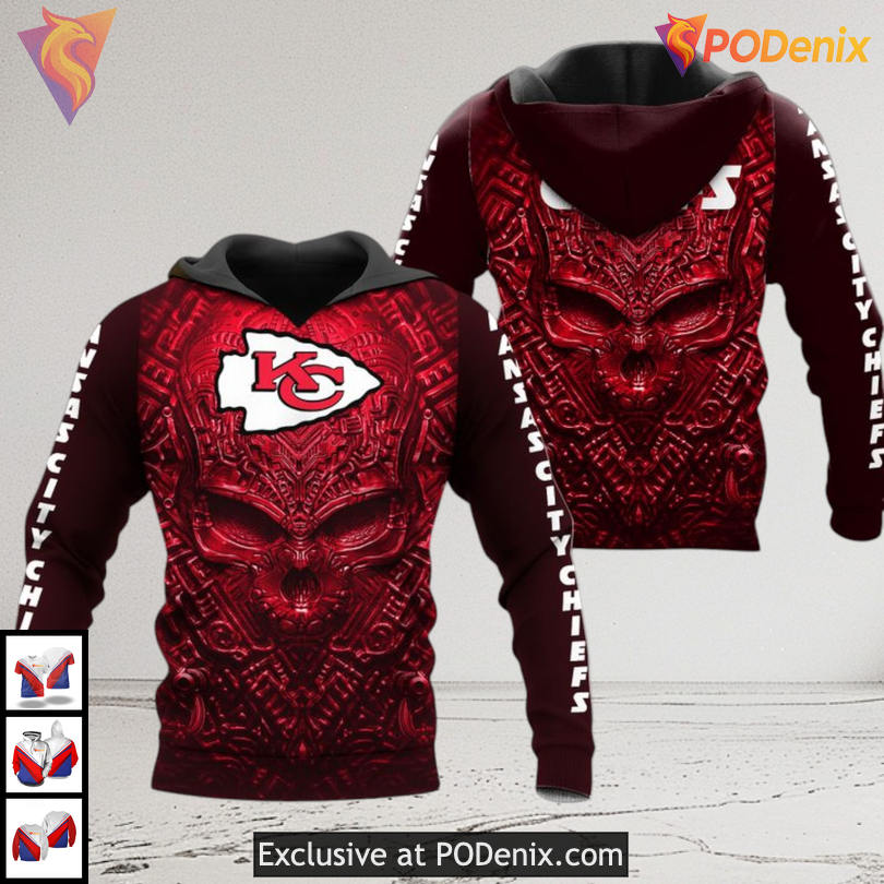 Kansas City Chiefs Hoodie 3D Gothic Red Skull Design for NFL Fearless Fans Kansas City Chiefs Hoodie 3D Gothic Red Skull Design for NFL Fearless Fans