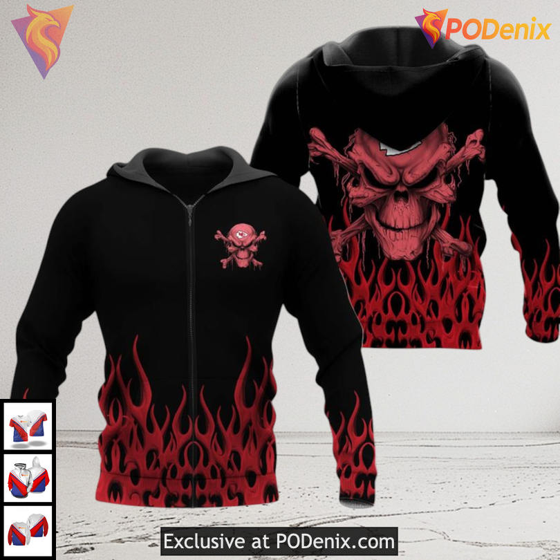 Kansas City Chiefs Hoodies For Men Flame Skull 3D Graphic NFL Apparel Kansas City Chiefs Hoodies For Men Flame Skull 3D Graphic NFL Apparel